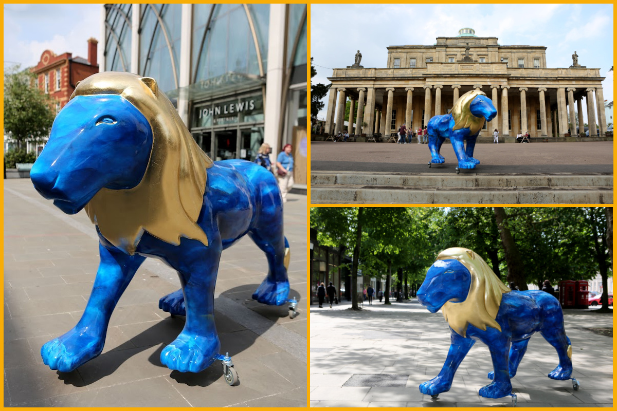 Collage of images of a lion sculpture outside John Lewis Cheltenham, Pittville Pump Room and the Promenade.